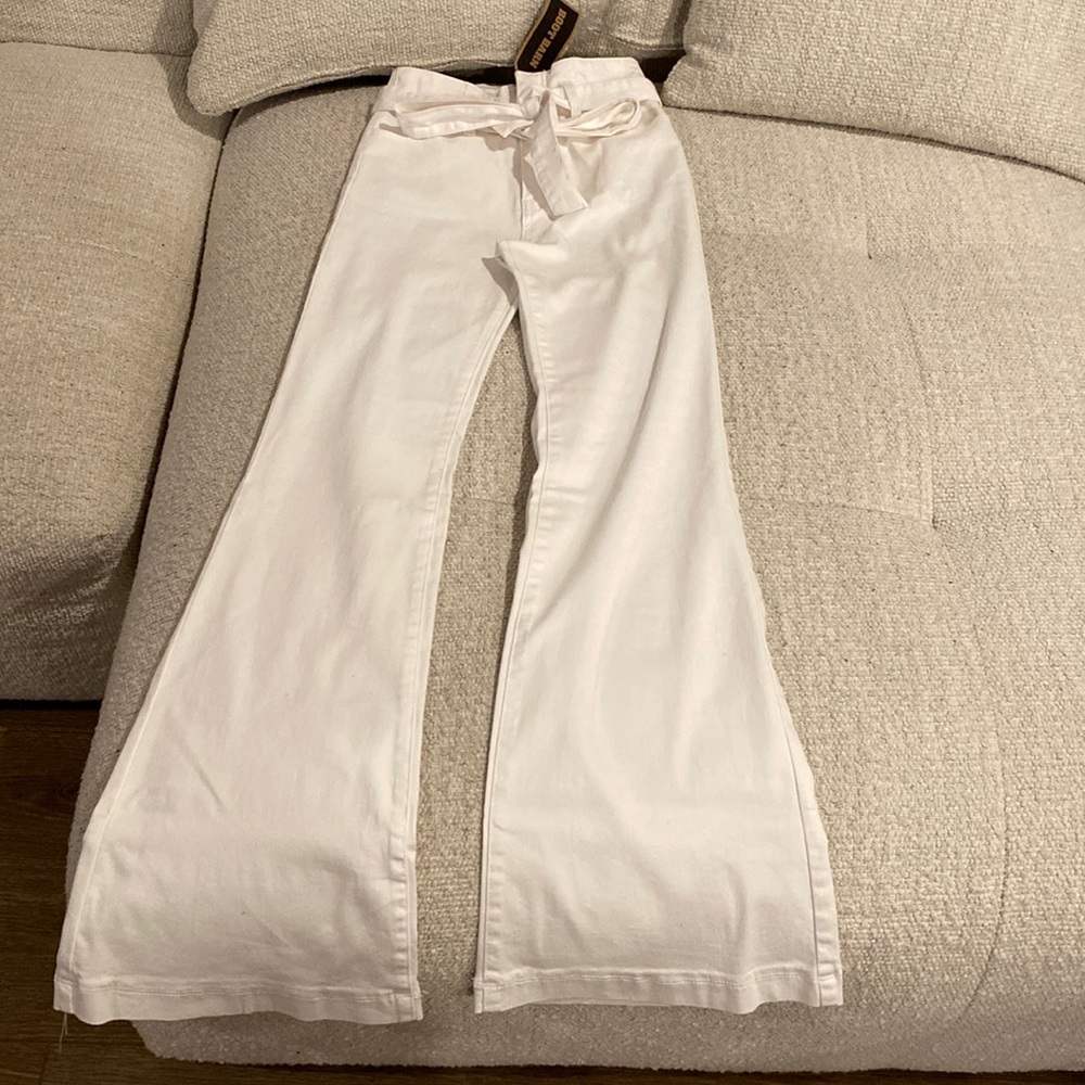 High rise wide leg flare jeans with tied belt